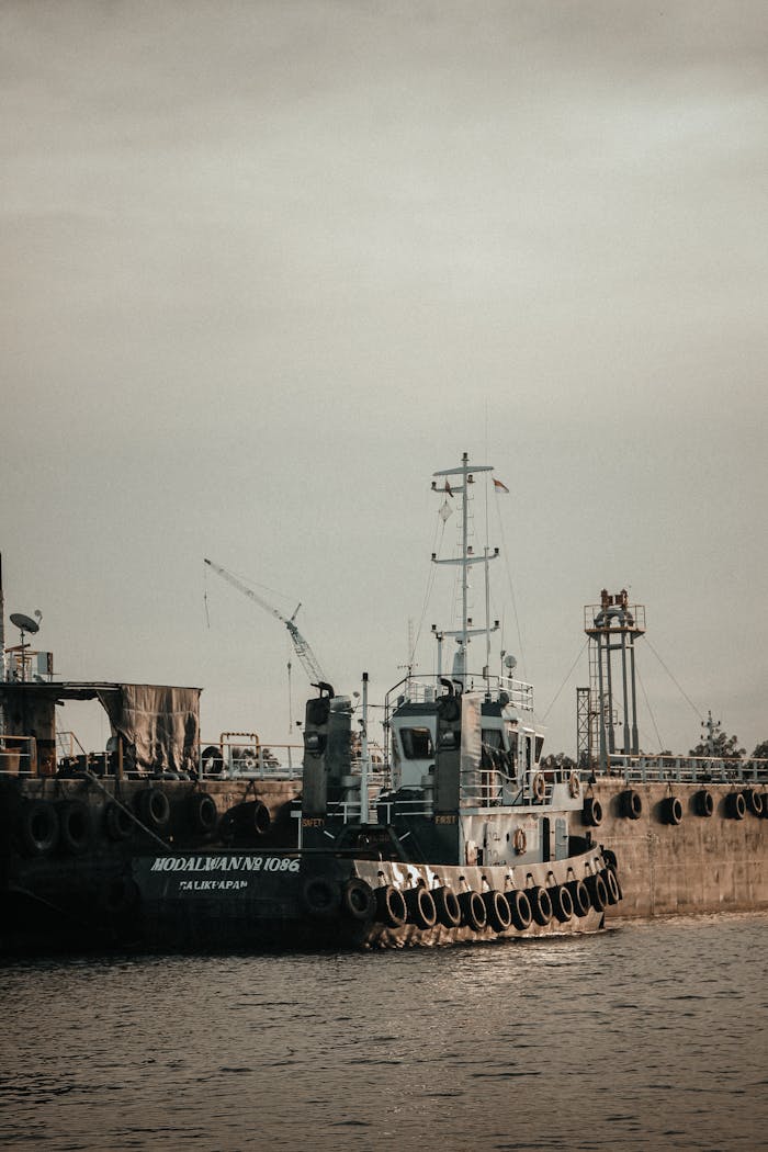 Tugboat beside a large ship at a bustling maritime industrial port during daytime.